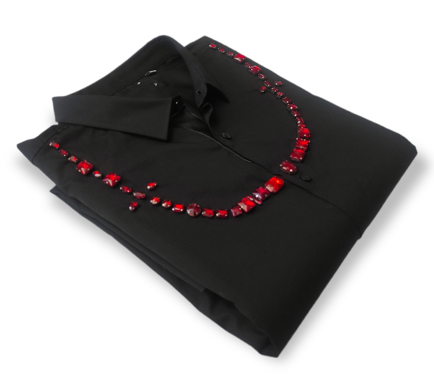 Shirt with stones set by hand sewn